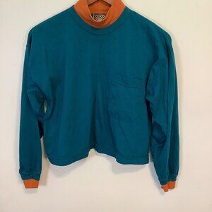 Vintage Gerard Works Color Block Mock Neck Cropped Top Blue Orange Pocket Small